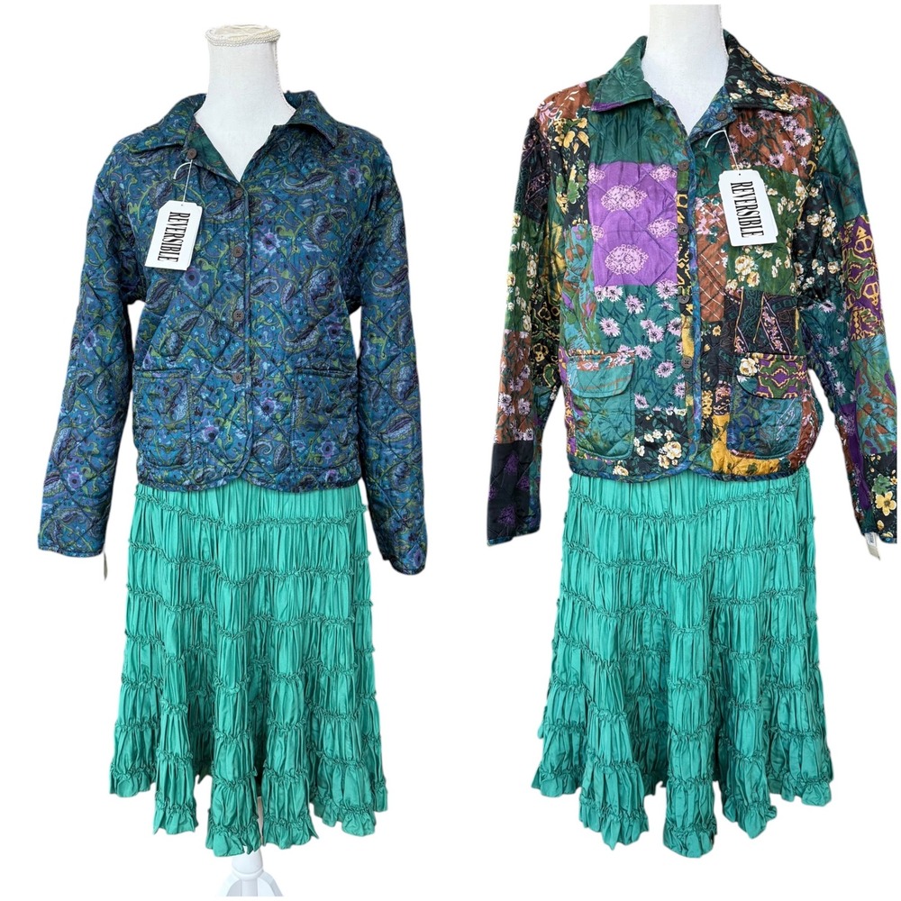 Clio Reversible Silk Quilted Jacket WD·NY Silk Tiered Skirt Set Green PL 6